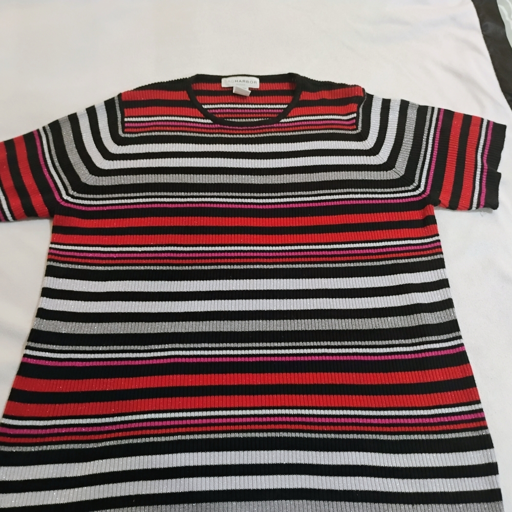 Sag Harbor Striped Crewneck Sweater in Red, Black & White with Pink Accents
